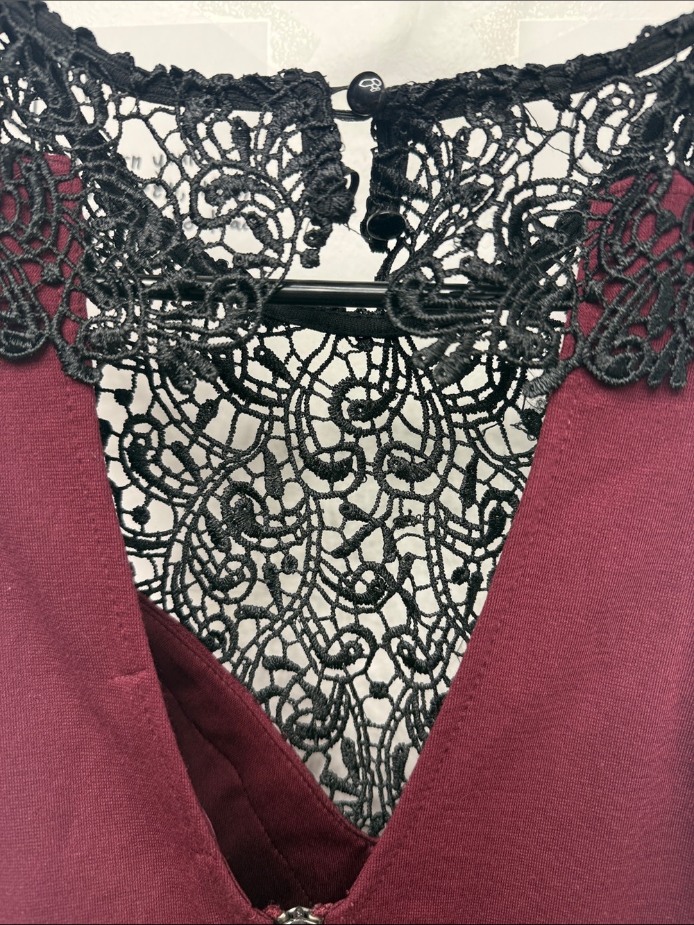 Material Girl Burgundy Mini Dress with Black Lace Yoke - Picture 4 of 5